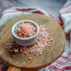 Bowl of coarse Himalayan pink salt crystals